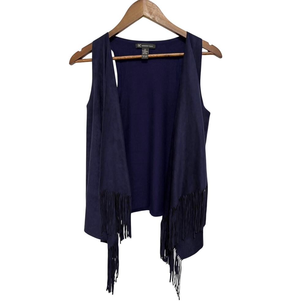 INC International Concepts XS Navy Faux Suede Fringe Waterfall Vest Boho